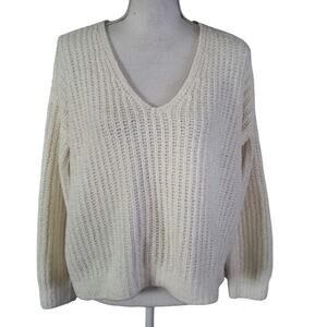 Express Size XS Cropped V Neck Sweater Chenille Ribbed Knit Ivory Oversized Boxy